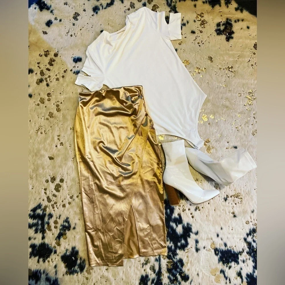 Women’s Gold Glam Satin Cross Over Wrap Elastic Stretch Midi Skirt